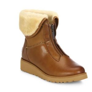 UGG Caleigh Zip-Front Leather & Shearling-Lined Wedge Boots Booties size 7